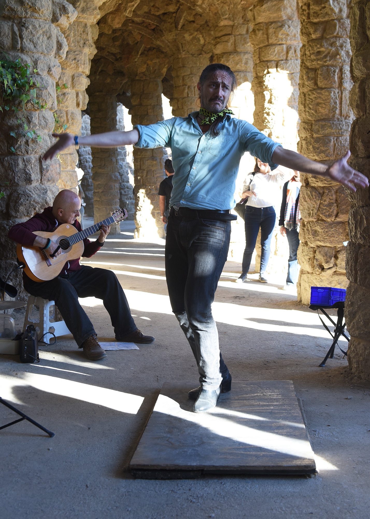 A man dances at the end of his band’s final song of the day in Parc Güell, Barcelona, Spain, Dec. 31, 2018. Band members said this location in the park is one where they get the best audiences for performances. (U.S. Air Force photo by Airman 1st Class Madeline Herzog)