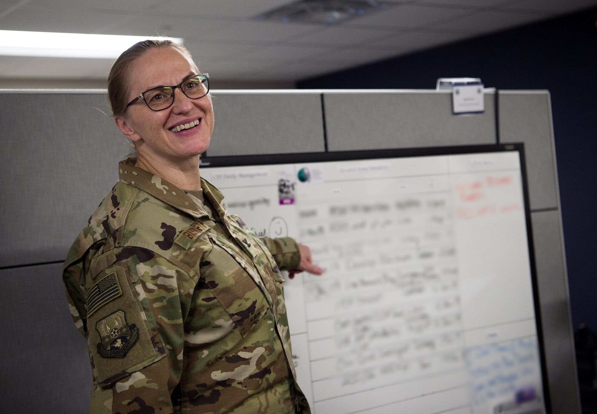 U.S. Air Force Col. Teresa Bisnett, U.S. Air Forces Central Command (AFCENT) Surgeon General (SG) Directorate command surgeon, reviews agile combat support capabilities at Shaw Air Force Base, S.C., Jan. 17, 2019. AFCENT Shaw is made up of several directorates, including the Directorate of Manpower, Personnel and Services,  and the Theater Security Cooperation Directorate, that work together to rectify long-term issues, determine weapons requirements for the area of responsibility, advise and assist leaders, conduct airspace and airfield management, and more. (U.S. Air Force photo by Staff Sgt. Areca T. Bell)
