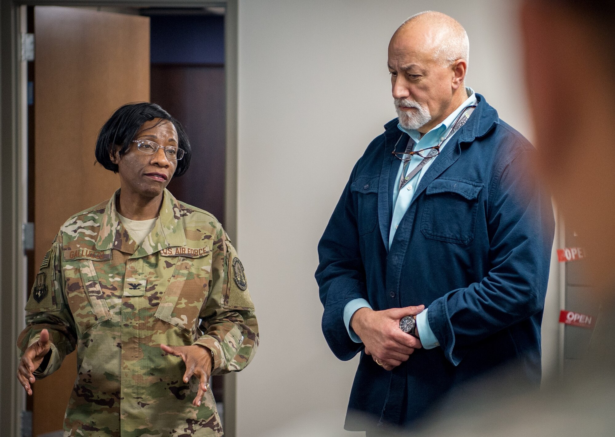U.S. Air Force Col. Cherron Galluzzo, left, U.S. Air Forces Central Command (AFCENT) Surgeon General (SG) Directorate deputy command surgeon, and Gary Frunz, AFCENT SG Directorate medical operations and planning analyst, discuss medical capabilities and mission readiness at Shaw Air Force Base, S.C., Jan. 17, 2019. AFCENT Shaw’s staff is made up of active duty, civilian, contractor, guard and reserve members. (U.S. Air Force photo by Staff Sgt. Areca T. Bell)