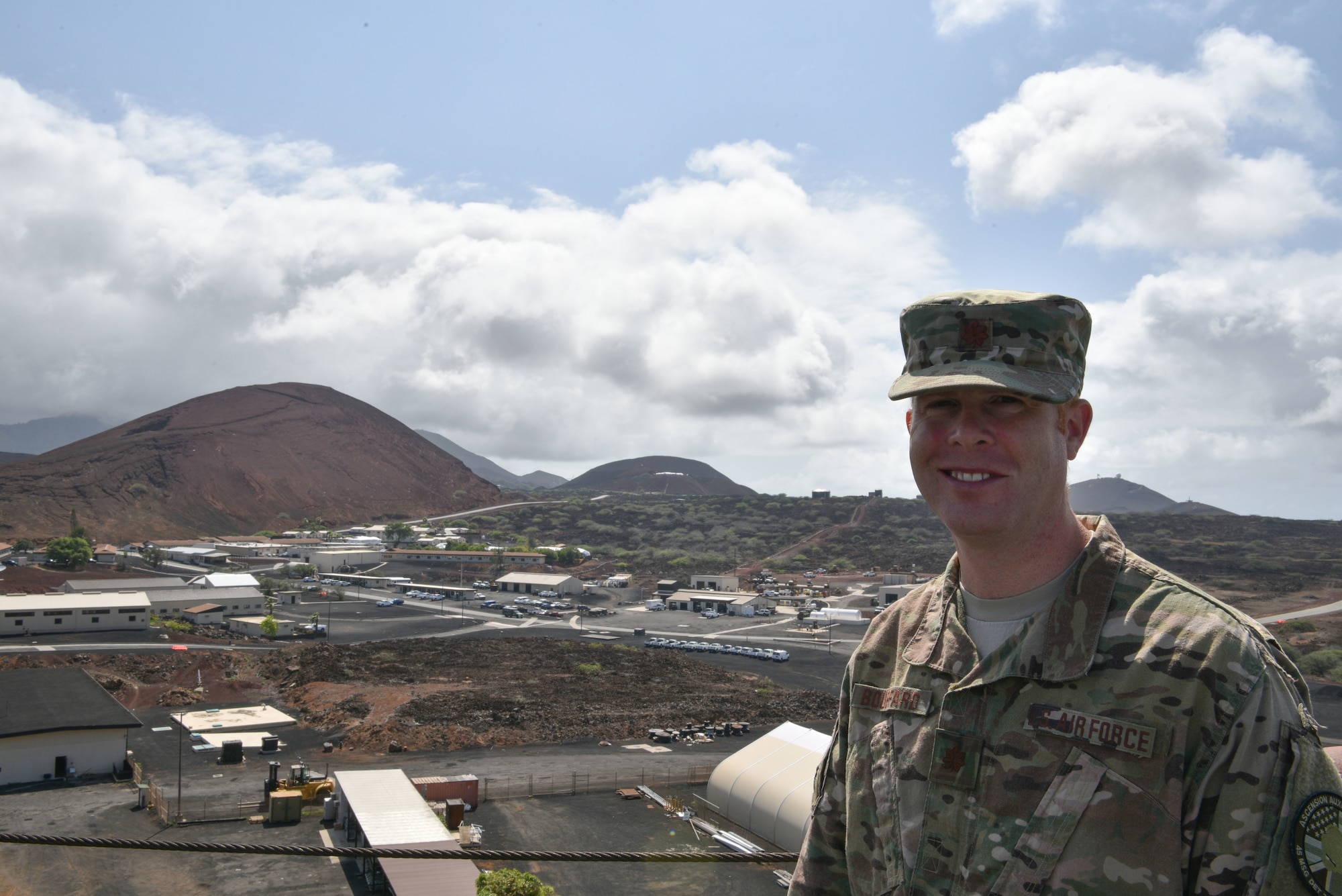 Maj. Robert Bouffard, 45th Mission Support Group, Detachment 2 commander overlooks the base, January 11, 2019 at Ascension Island Auxiliary Airfield. Air Force personnel at Ascension ensure mission success through airfield and launch operations and they also supported the December 23, 2018 launch of the Falcon 9 GPS III launch. (U.S. Air Force photo by Airman 1st Class Dalton Williams)