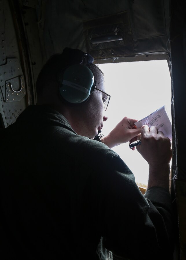 U.S. Marine Lance Cpl. James Townsend, a crew master with Marine Aerial Refueler Transport Squadron (VMGR) 352, Marine Aircraft Group (MAG) 11, tracks refueling operations during a MAG-11 training exercise, that included more than 30 aircraft, at Marine Corps Air Station Miramar, Calif., Feb. 1. MAG-11 conducted this training to exercise their real-world capabilities. Exercises such as this provide realistic, relevant training necessary for 3rd MAW to “Fix, Fly, and Fight” as the Marine Corps’ largest aircraft wing and ensures the unit remains combat-ready, inter-operable, deployable on short notice, and lethal when called into action. (U.S. Marine Corps photo by Cpl. Joshua McAlpine)