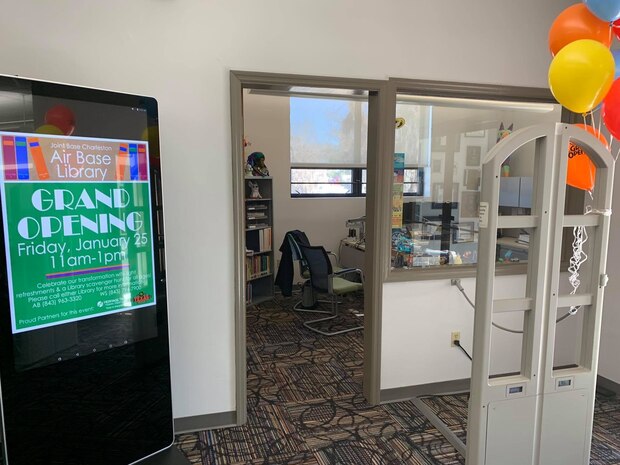 Patrons and employees of the Joint Base Charleston Air Base Library enjoy a tour of the newly renovated library as well as snacks and social time. The just reopened Air Base Library has been upgraded with new carpet, paint and furniture and will be more flexible not only for readers, but for events to be held at the facility. The renovation was part of an Air Force initiative  to modernize base libraries.