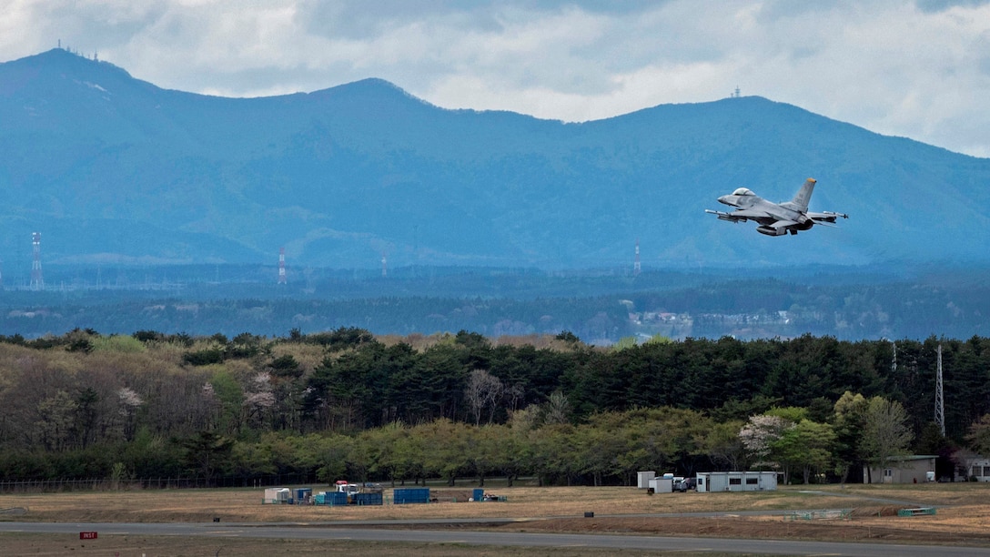 An F-16 Fighting Falcon takes off at Misawa Air Base