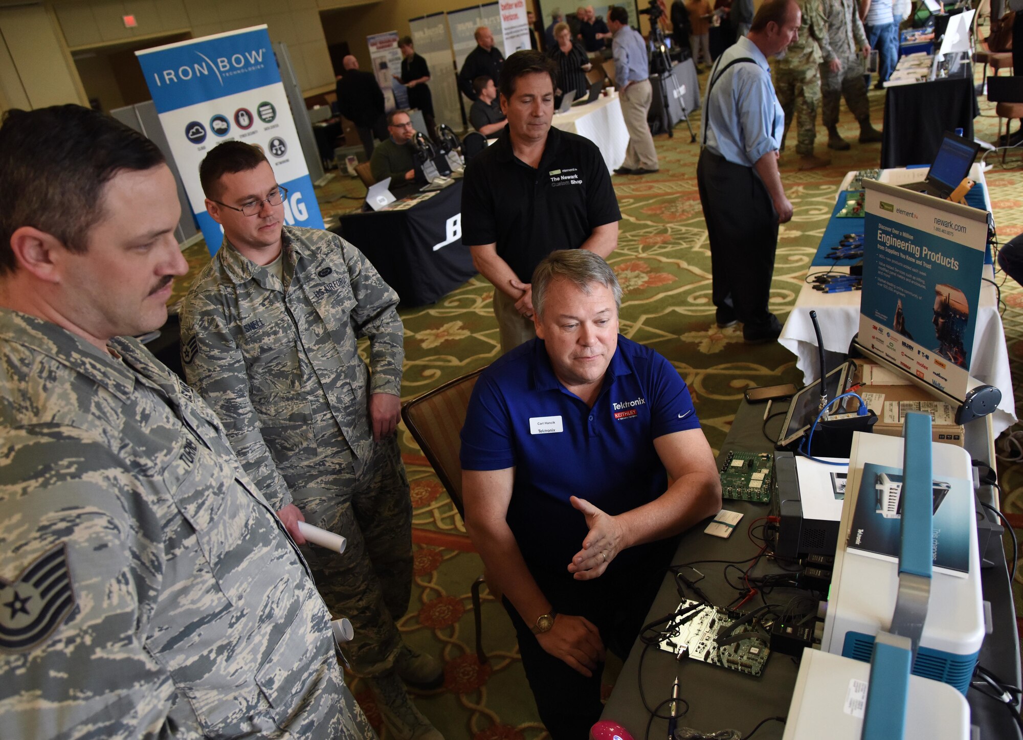 Carl Hancik, Tektronix mainstream sales manager, provides an equipment brief to Keesler personnel during the Annual Keesler Air Force Base Tech Expo inside the Bay Breeze Event Center at Keesler Air Force Base, Mississippi, Feb. 5, 2019. The expo was hosted by the 81st Communications Squadron and was free to all Defense Department, government and contractor personnel with base access. U.S. Air Force Maj. Jon Drummond, 81st CS commander, said events like this allows us to see the local vendors' newest technologies and find opportunities to branch that technology with Keesler's training mission. The event was held to introduce military members to the latest in technological advancements to bolster the Air Force's capabilities in national defense. (U.S. Air Force photo by Kemberly Groue)