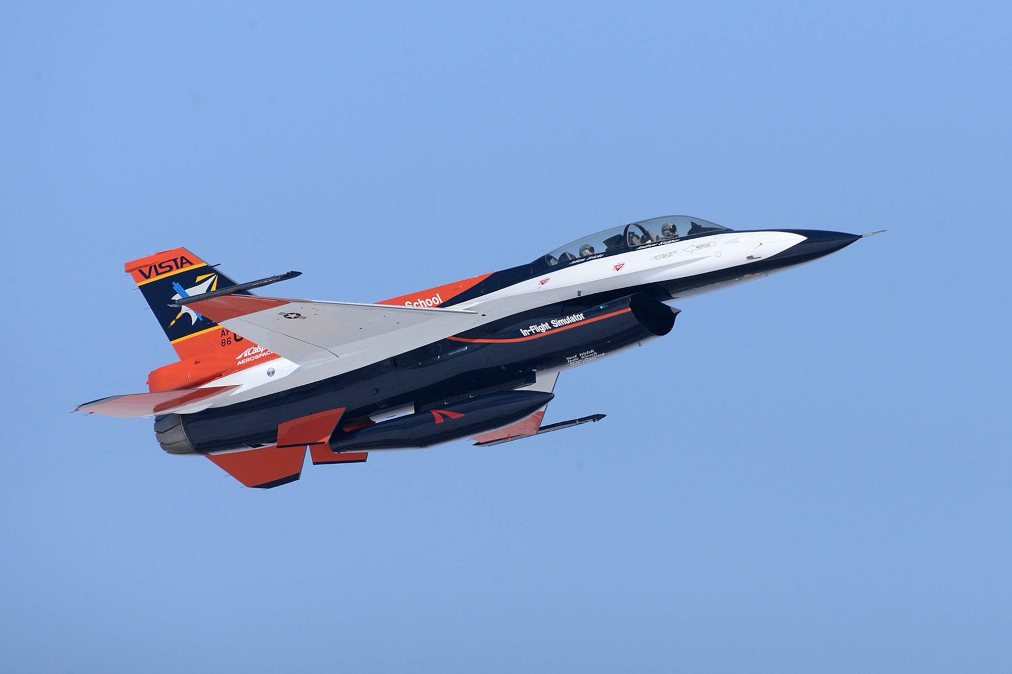 After recently receiving a new look and modifications at the Ogden Air Logistics Complex, the NF-16D known as VISTA (Variable stability In-flight Test Aircraft), departs Hill Air Force Base, Utah, Jan 30, 2019.  This aircraft is the only one of its kind in the world and is the flag-ship of the United States Air Force Test Pilot School. This F-16 has been highly modified, allowing pilots to change the aircraft flight characteristics and stability to mimic that of other aircraft.  (U.S. Air Force photo by Alex R. Lloyd)