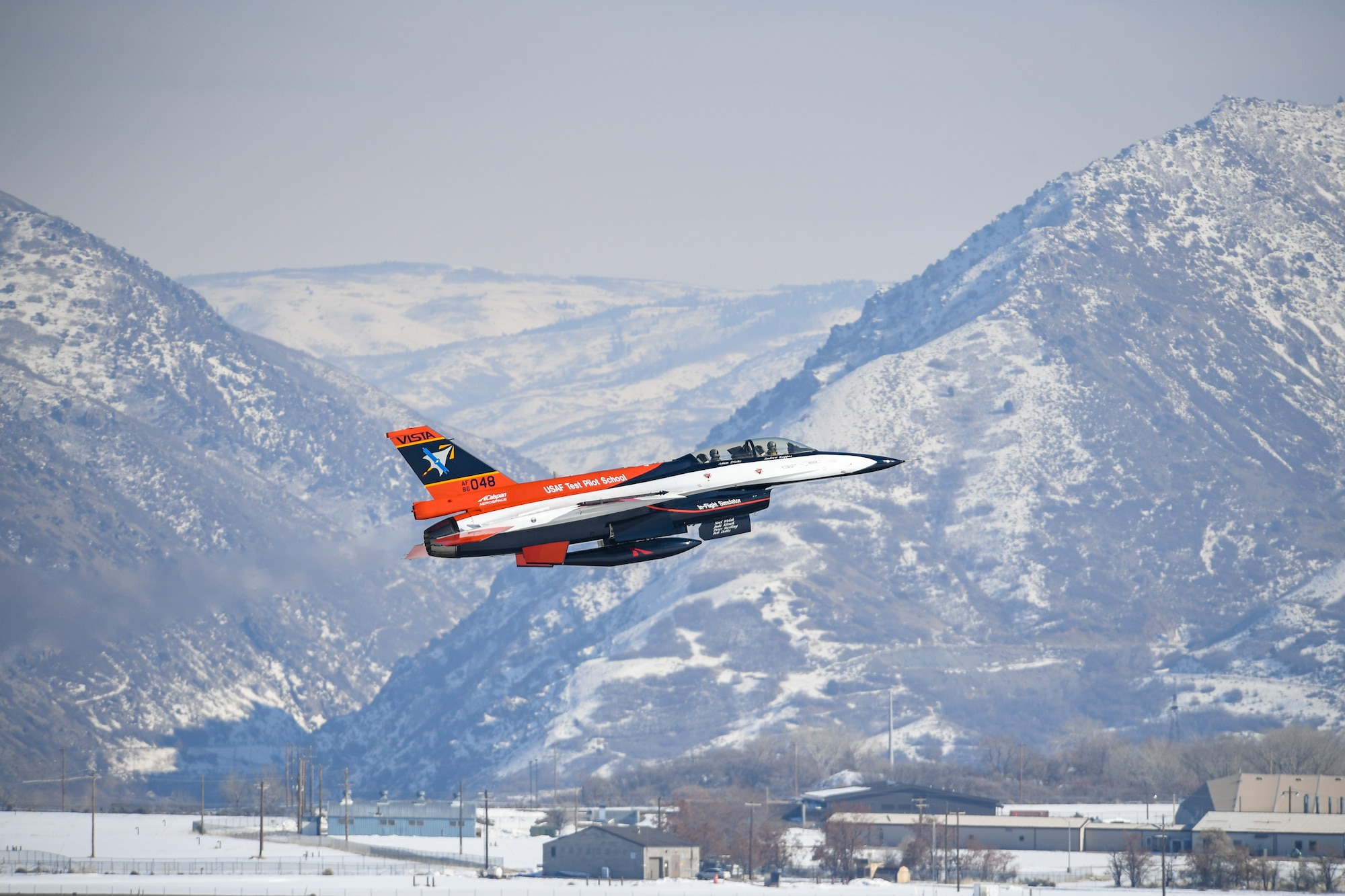 190130-F-EF974-2103- After recently receiving a new look and modifications at the Ogden Air Logistics Complex, the NF-16D known as VISTA (Variable stability In-flight Test Aircraft), departs Hill Air Force Base, Utah, Jan. 30, 2019.  The aircraft is the only one of its kind in the world and is the flag-ship of the U.S. Air Force Test Pilot School. It’s highly modified, allowing pilots to change the aircraft’s flight characteristics and stability to mimic that of other aircraft.  (U.S. Air Force photo by Cynthia Griggs)