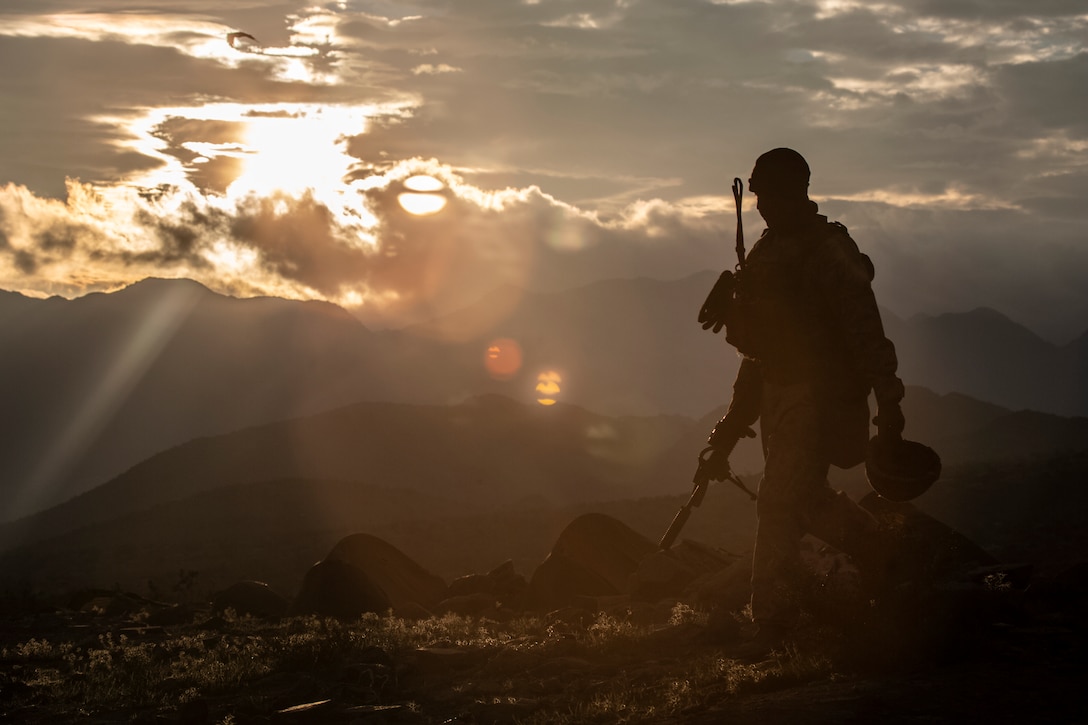 A U.S. Marine with India Company, 3rd Battalion, 3rd Marine Regiment, Marine Air-Ground Task Force-6 (MAGTF-6) prepares to conduct a company urban assault during Integrated Training Exercise (ITX) 2-19 on Range 230 aboard Marine Corps Air-Ground Combat Center Twentynine Palms, Calif., Feb. 2, 2019. ITX creates a challenging, realistic training environment that produces combat-ready forces capable of operating as an integrated MAGTF. (U.S. Marine Corps photo by Pfc. Skylar M. Harris)