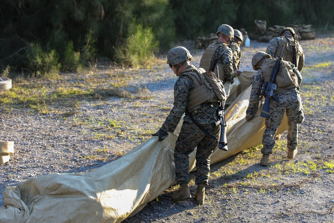 Marines with 2nd Platoon, Bulk Fuel Company, 9th Engineer Support Battalion, 3rd Marine Logistics Group, pull a tarp on Jan. 28, 2019 at Central Training Area, Camp Hansen, Okinawa, Japan. The bulk fuel specialists assembled several fuel sites across the CTA to enhance their training and readiness within a harsh environment. The Marines set up and maintained their bulk fuel equipment for a week-long training evolution. (U.S. Marine Corps photo by Lance Cpl. Armando Elizalde)