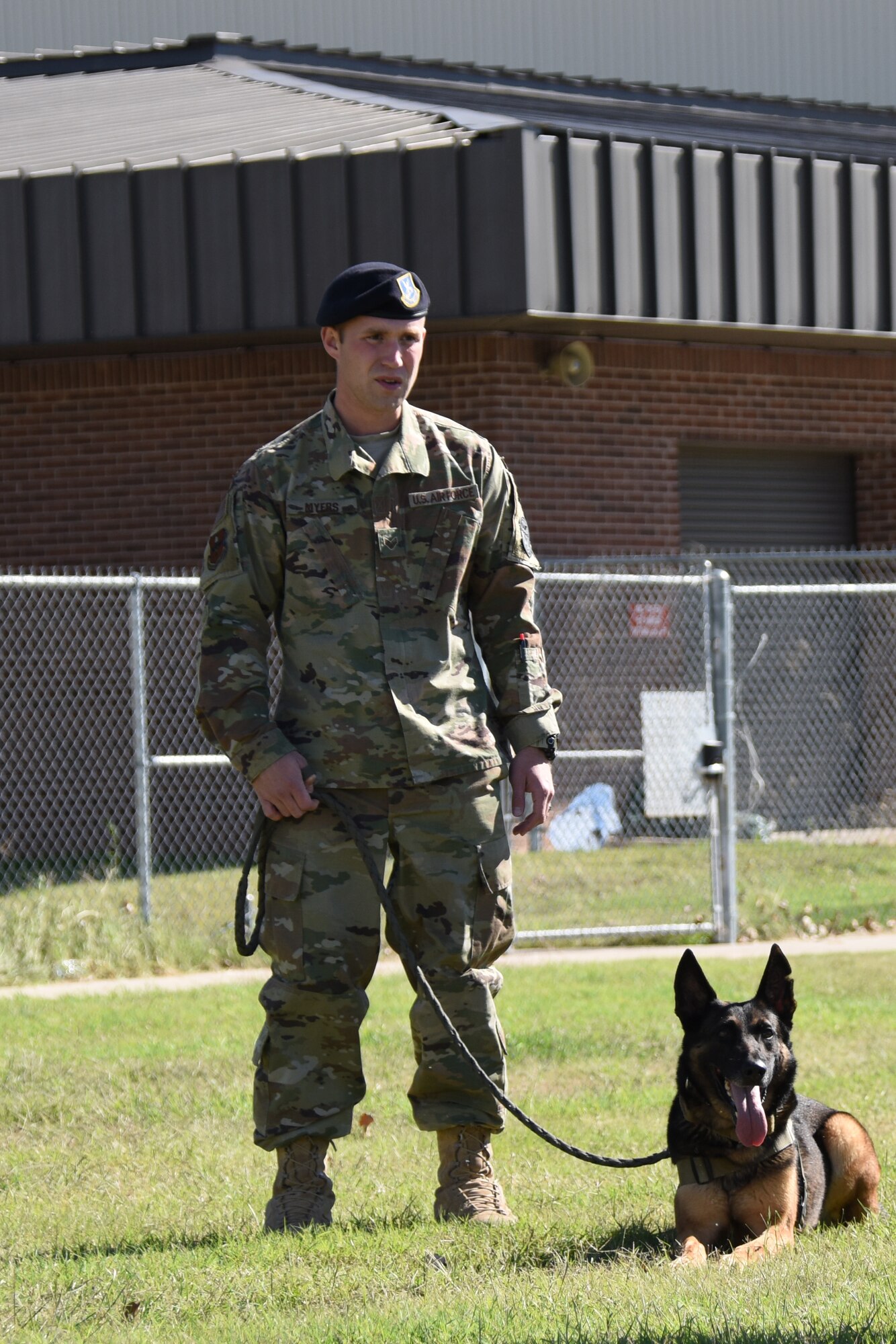 U.S. Air Force Senior Airman Shane Myers, 17th Security Forces Squadron military working dog handler, shows off his partner Hugo, 17th SFS K-9, during the Operation KIDS event on Goodfellow Air Force Base, Texas, Nov. 3, 2018. The 17th SFS trains the K-9s to detect, deny and deter would be adversaries from gaining access to base, they are also trained to detect explosives. (U.S. Air Force Photo by Senior Airman Seraiah Hines/Released)