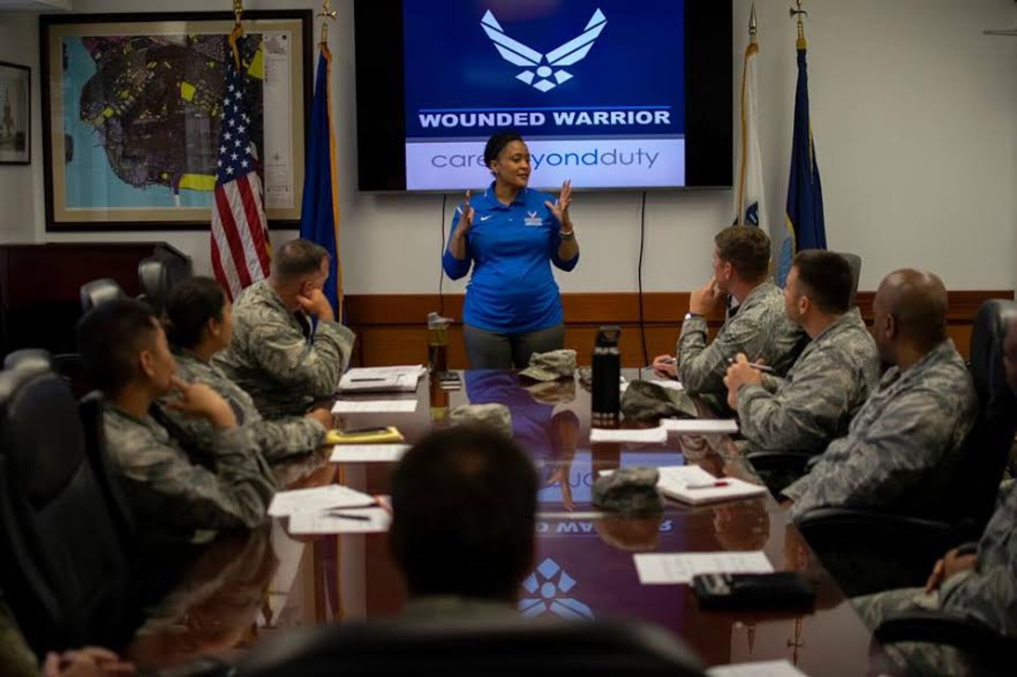 Master Sgt. Dee Parks talks to senior leaders during the 2019 Pacific Air Forces Warrior CARE Event at Joint Base Pearl Harbor-Hickam, Hawaii in early January.