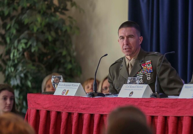 Brig. Gen. Benjamin T. Watson, Marine Corps Installations East-Marine Corps Base Camp Lejeune commanding general addresses local leaders and members of the community during the 24th annual State of the Community Breakfast at the Landing All Ranks Club on Marine Corps Air Station New River, Feb. 1, 2019. The event allowed leaders around the community to share information about the state of their respective organizations and their potential impact on the local area. (U.S. Marine Corps photo by Cpl. Jon Sosner)