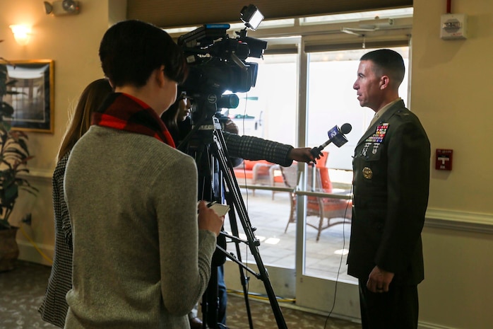 Brig. Gen. Benjamin T. Watson, Marine Corps Installations East-Marine Corps Base Camp Lejeune commanding general speaks with media after the 24th annual State of the Community Breakfast at the Landing All Ranks Club on Marine Corps Air Station New River, Feb. 1, 2019. The event allowed leaders around the community to share information about the state of their respective organizations and their potential impact on the local area. (U.S. Marine Corps photo by Cpl. Jon Sosner)
