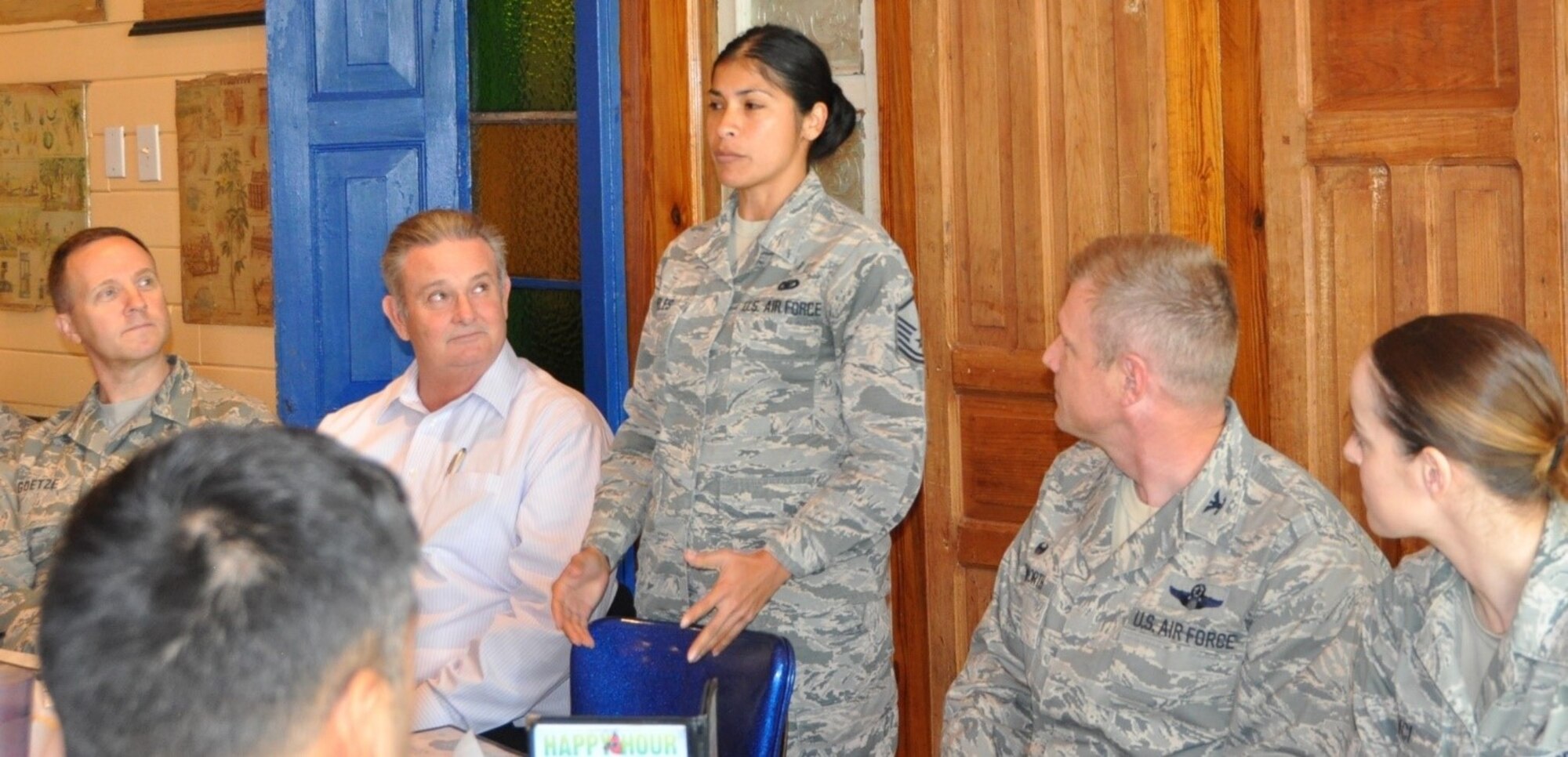 Master Sgt. Jennifer Robles, 340th FTG Medical Services section chief, delivers parting remarks during her farewell luncheon on Jan. 9. Robles is moving on to a new job as superintendent of the medical continuation section at the Air Force Personnel Center. At AFPC she will be accept a promotion to senior master sergeant. (U.S. Air Force photo by Janis El Shabazz)