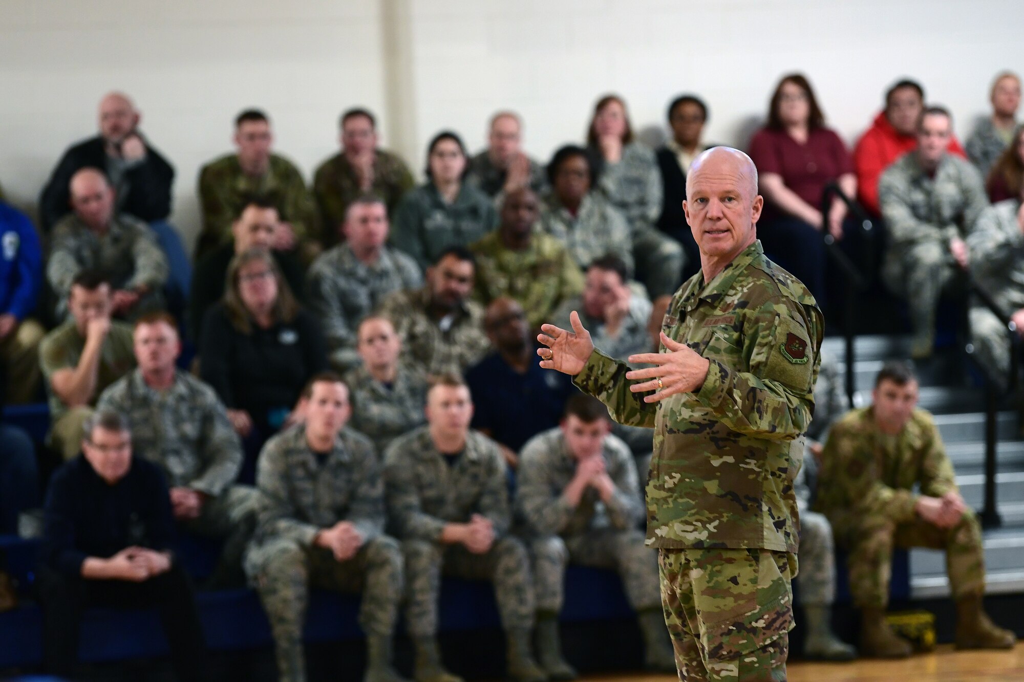Gen. Jay Raymond, Air Force Space Command commander, speaks to members of Team Buckley about the importance of a warrior culture during an all call at Buckley Air Force Base, Colorado, Feb. 1, 2019. (U.S. Air Force photo by Senior Airman Jazmin Smith)