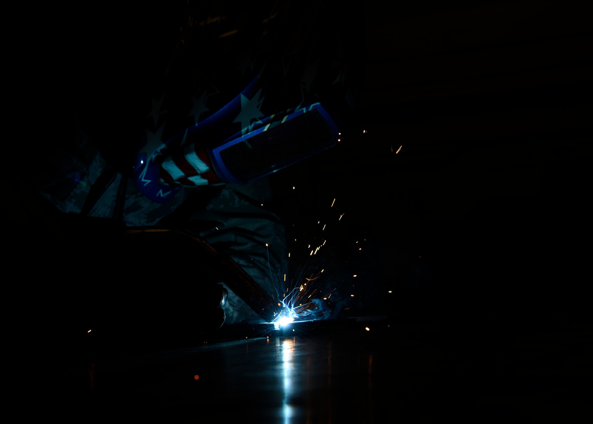 Senior Airman Brendon Tinko, a member of 56th Equipment Maintenance Squadron aircraft metals technology, practices gas metal arc welding, Feb. 6, 2019 at Luke Air Force Base, Ariz.