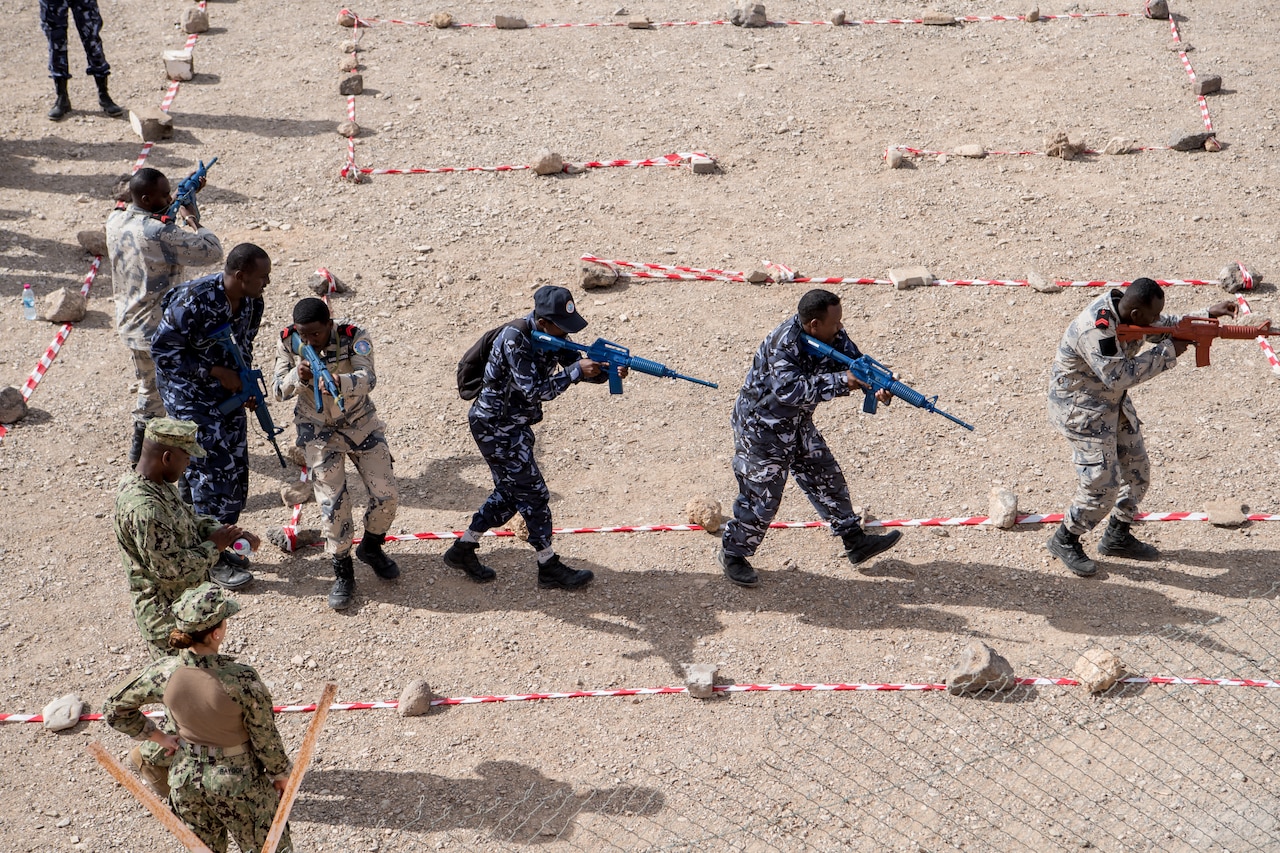 Sailors and Coast Guardsmen from around the globe participate in a simulated visit, board, search, and seizure exercise during Cutlass Express 2019 in Djibouti.