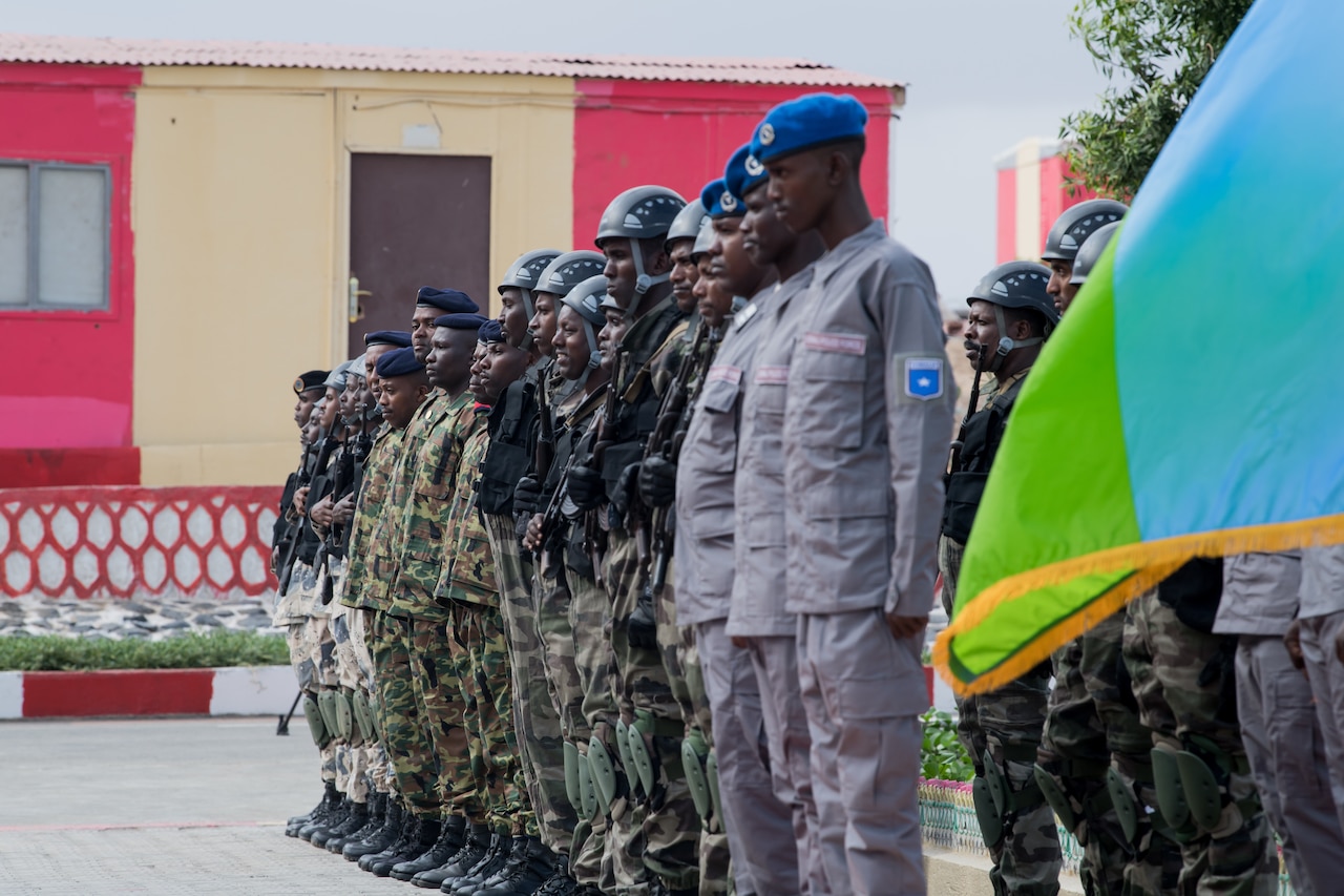 African military forces stand in formation during the opening ceremony of exercise Cutlass Express in Djibouti.