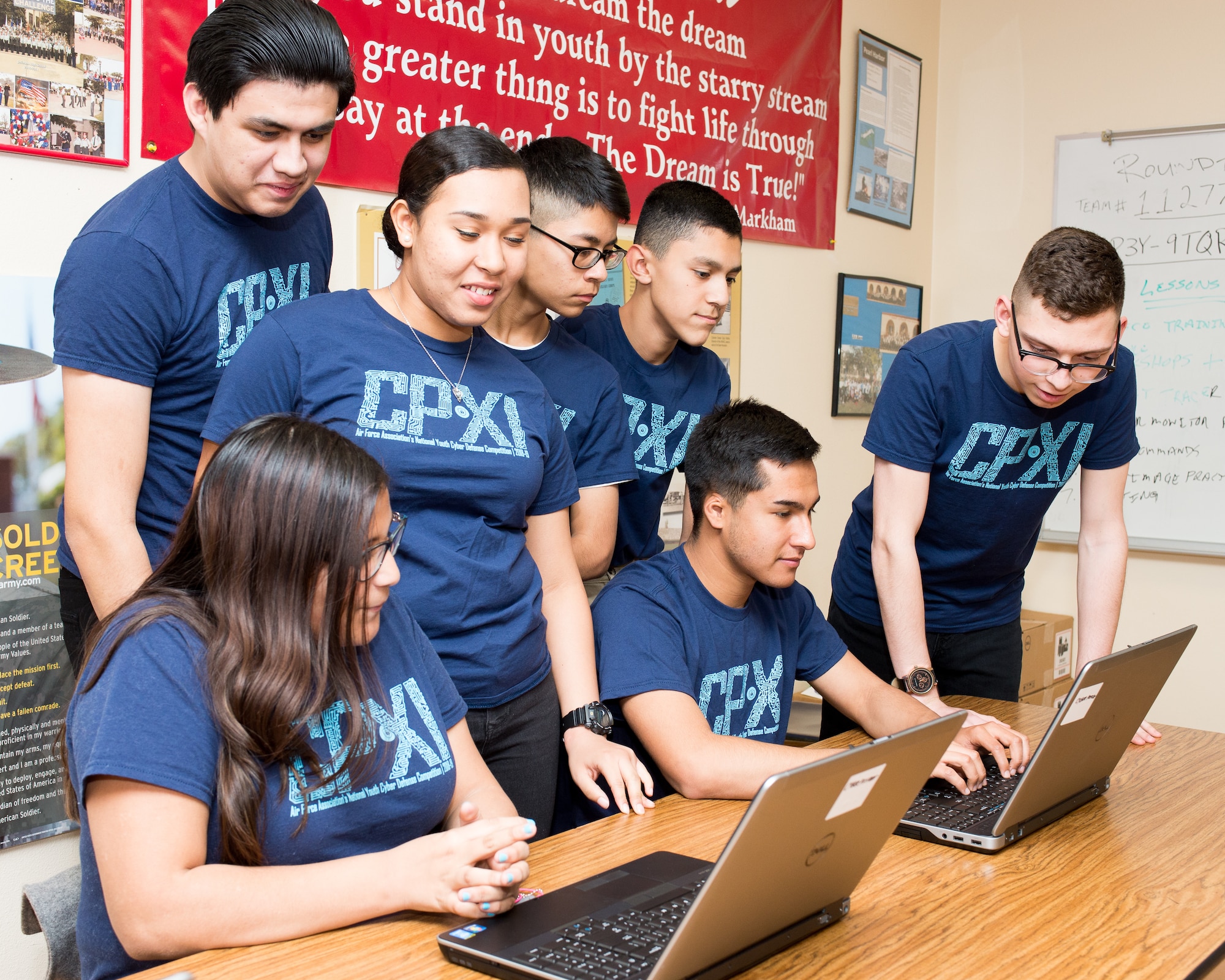 Students from Thomas Jefferson High School’s Army Junior ROTC CyberPatriot team learn about networking and operations systems during the CyberPatriot team meeting in San Antonio, Texas, Jan. 31, 2019. Jefferson’s team advanced to the gold and platinum rounds of this year’s competition. (U.S. Air Force photo by Sharon Singleton)