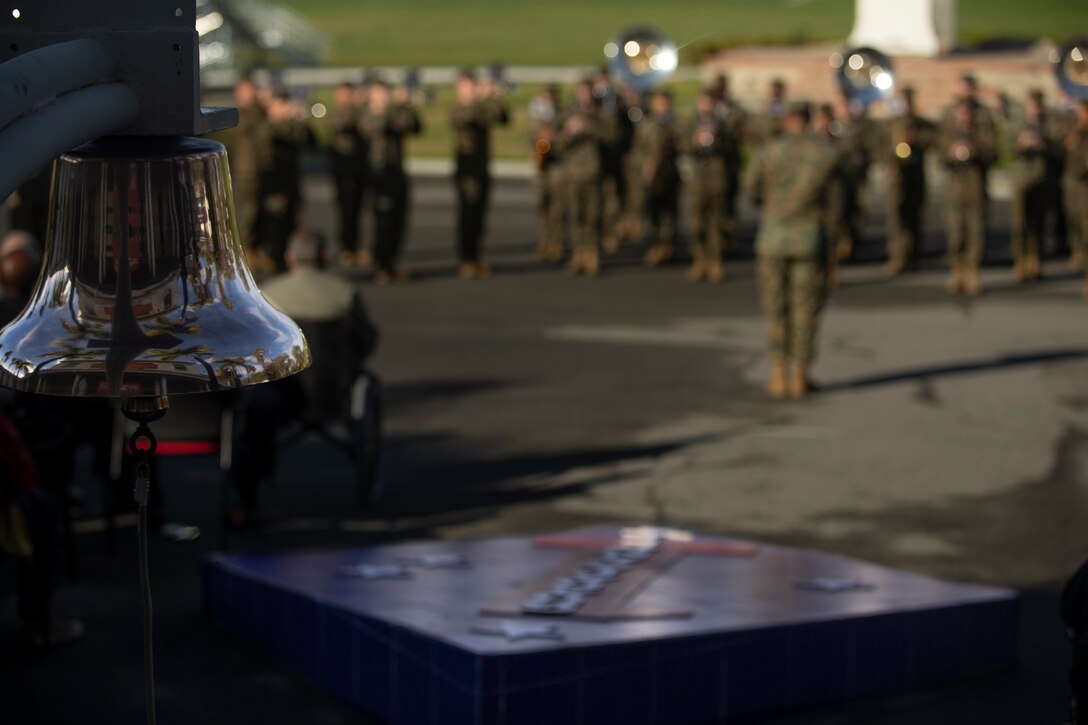 U.S. Marines with the 1st Marine Division (MARDIV) band, play during the division's 78th Anniversary Ceremony at Marine Corps Base Camp Pendleton, California, Feb. 1, 2018