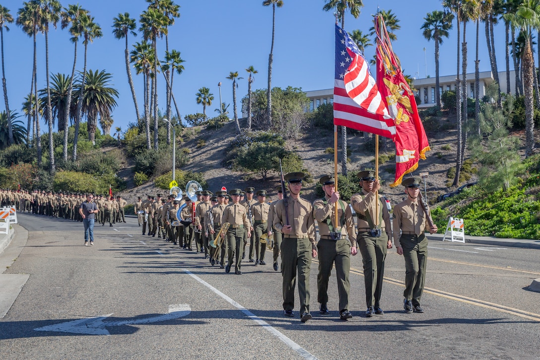 Marines from 2d Battalion 4th Marine Regiment and retired Marines parade in San Clemente, Calif., Nov. 9th, 2018.