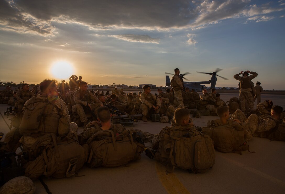U.S. Marines with 2nd Battalion, 4th Marines, wait to board the MV-22 Osprey during Summer Fury at Naval Air Facility El Centro, Calif., Aug. 4, 2017.