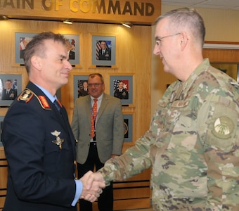 Lt. Gen. Christian Badia, German Federal Ministry of Defence, head of the strategic defence planning and concepts division, is greeted by Gen. John Hyten, commander of U.S. Strategic Command, during his visit on Feb. 4, 2019, at Offutt Air Force Base, Neb. Badia visited to discuss topics of deterrence, and the importance of alliances and partnerships. 

“The assessment of the strategic environment is the fundamental basis for national defense and security strategies,” said Badia. “Regarding force and capability development it is very similar in both our countries. Germany's and the U.S.' ongoing structured exchange on the many aspects of deterrence from the executive down to the working level is of utmost importance. With such a regular exchange both sides will improve understanding of the other nation's priorities and vectors, for example, allowing for more focused capability development by – as the U.S. National Defense Strategy calls it – taking advantage of selective interdependencies.” (U.S. Air Force photo by Steve Cunningham)
