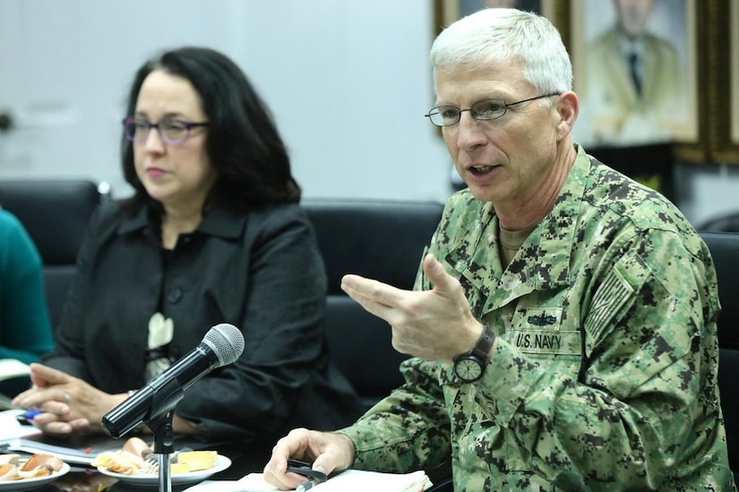 Navy Adm. Craig S. Faller, commander of U.S. Southern Command, speaks during a meeting with Salvadoran Defense Minister David Munguia Payes and other Salvadoran military leaders.