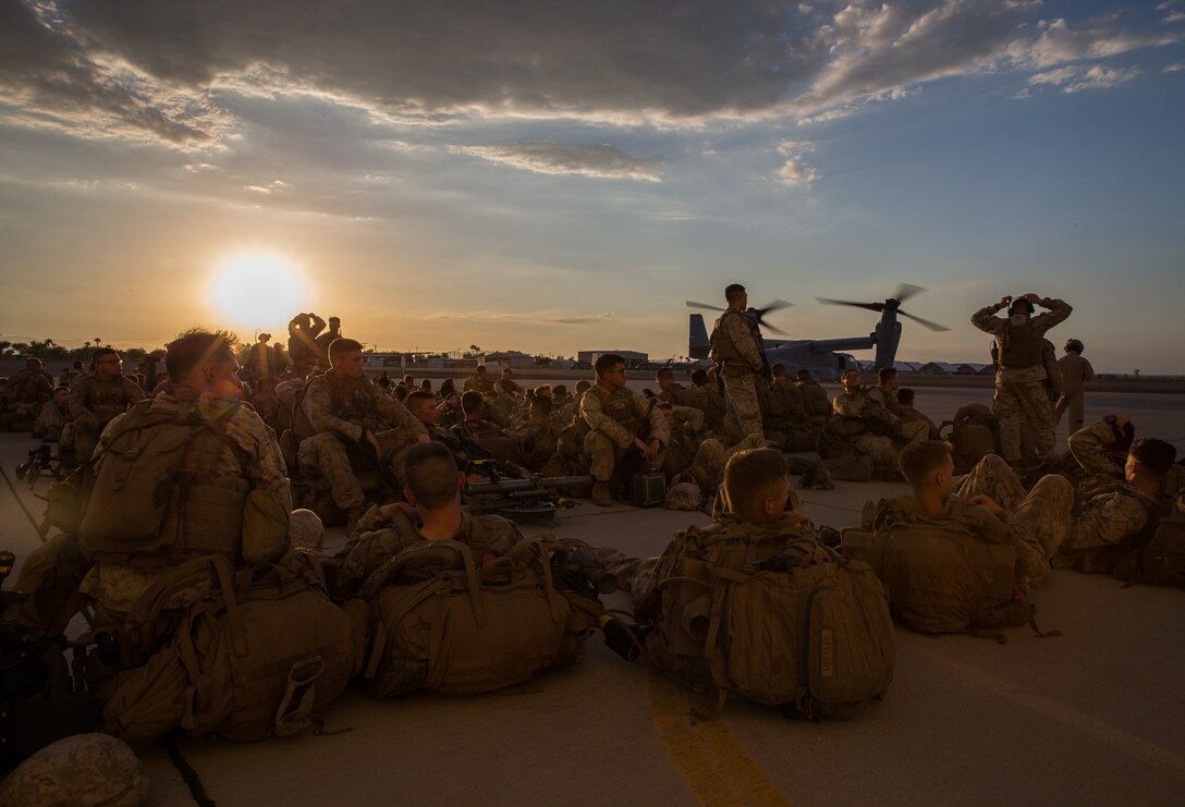 U.S. Marines with 2nd Battalion, 4th Marines, wait to board the MV-22 Osprey during Summer Fury at Naval Air Facility El Centro, Calif., Aug. 4, 2017. Summer Fury was a weeklong exercise consisting of night time air and urban assault training. (U.S. Marine Corps photo by Cpl. Alexander S. Norred)