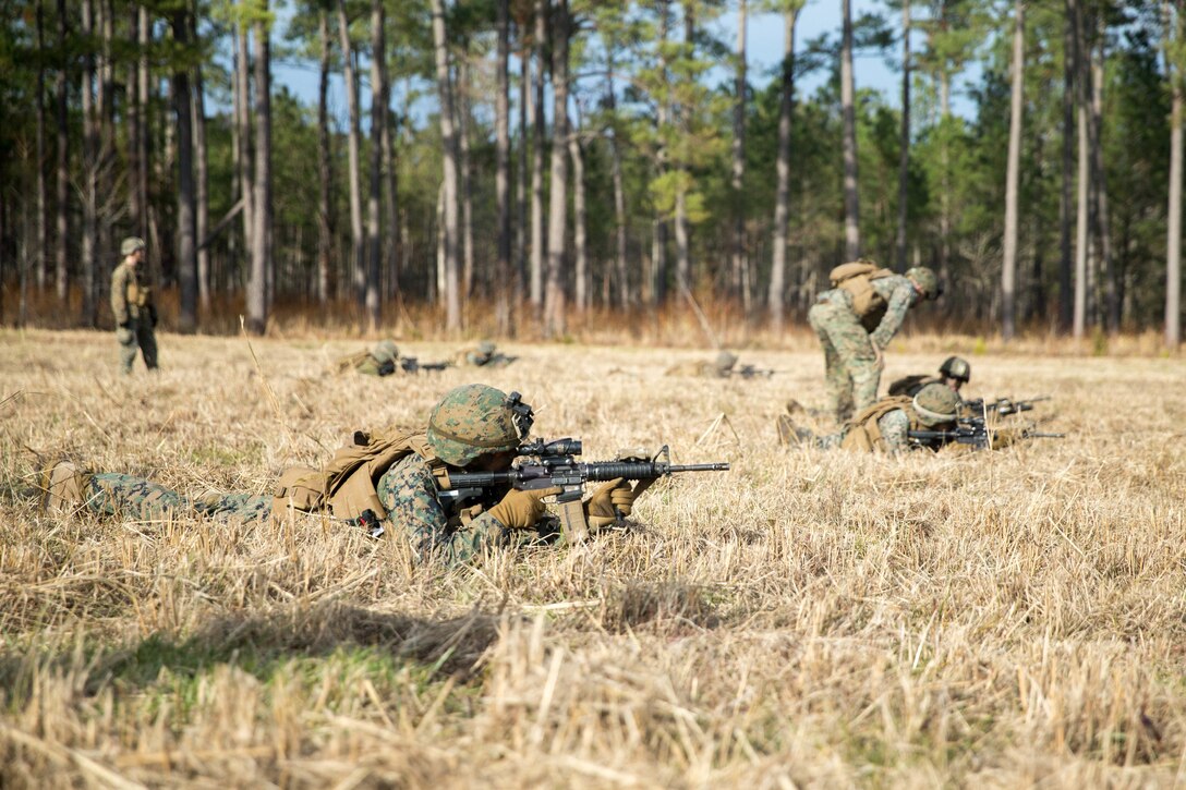 U.S. Marines with 1st Battalion, 6th Marine Regiment, 2nd Marine Division, execute fire and maneuver drills at Range F-18 during a Field Exercise on Camp Lejeune N.C., Jan. 29, 2019. This two week-long exercise promotes proficiency and operational readiness for potential combat operations. (U.S. Marine Corps photo by Cpl. Angel D. Travis)
