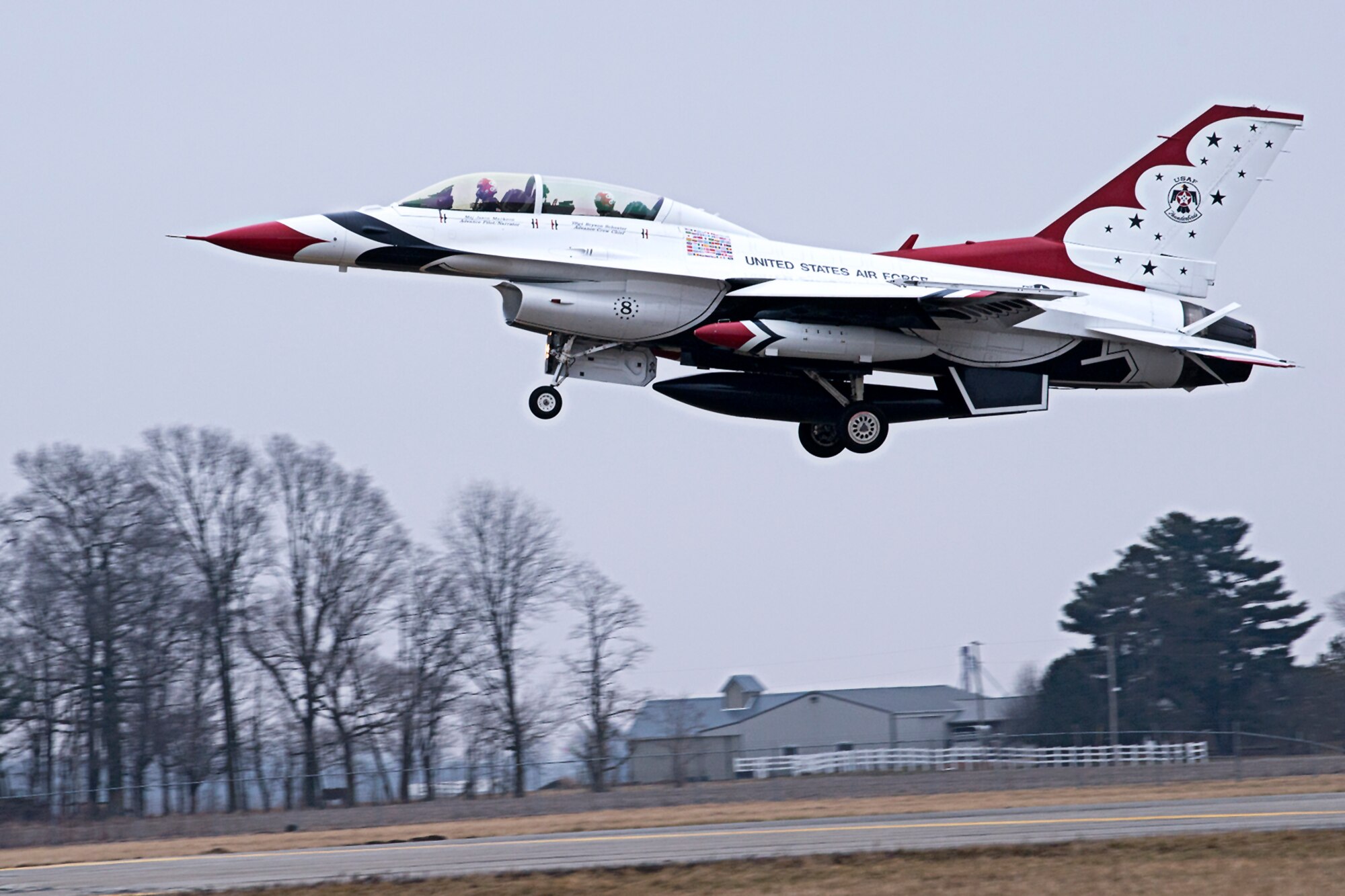Maj. Jason Markzon, pilot of Thunderbird 8 and the advance pilot and narrator, along with Tech Sgt. Bryson Schuster, crew chief and maintenance advance team member, land at Grissom Air Reserve Base, Ind., Feb. 5, 2019. The Thunderbird members visited the base in preparation for the Grissom Air and Space Expo scheduled for Sept. 7-8, 2019. (U.S. Air Force photo/Douglas Hays)