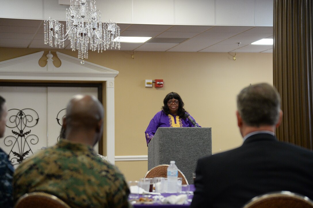The sounds of the Albany Movement filled the air in the Grand Ballroom at the Town & Country Restaurant aboard Marine Corps Logistics Base Albany, Feb. 7, as one of the original Freedom Singers, Rutha Mae Harris, spoke and sung about her journey.