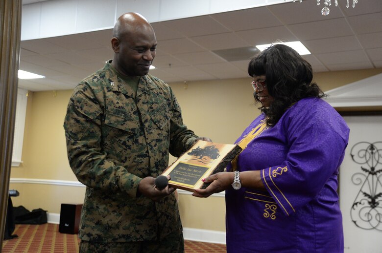 The sounds of the Albany Movement filled the air in the Grand Ballroom at the Town & Country Restaurant aboard Marine Corps Logistics Base Albany, Feb. 7, as one of the original Freedom Singers, Rutha Mae Harris, spoke and sung about her journey.