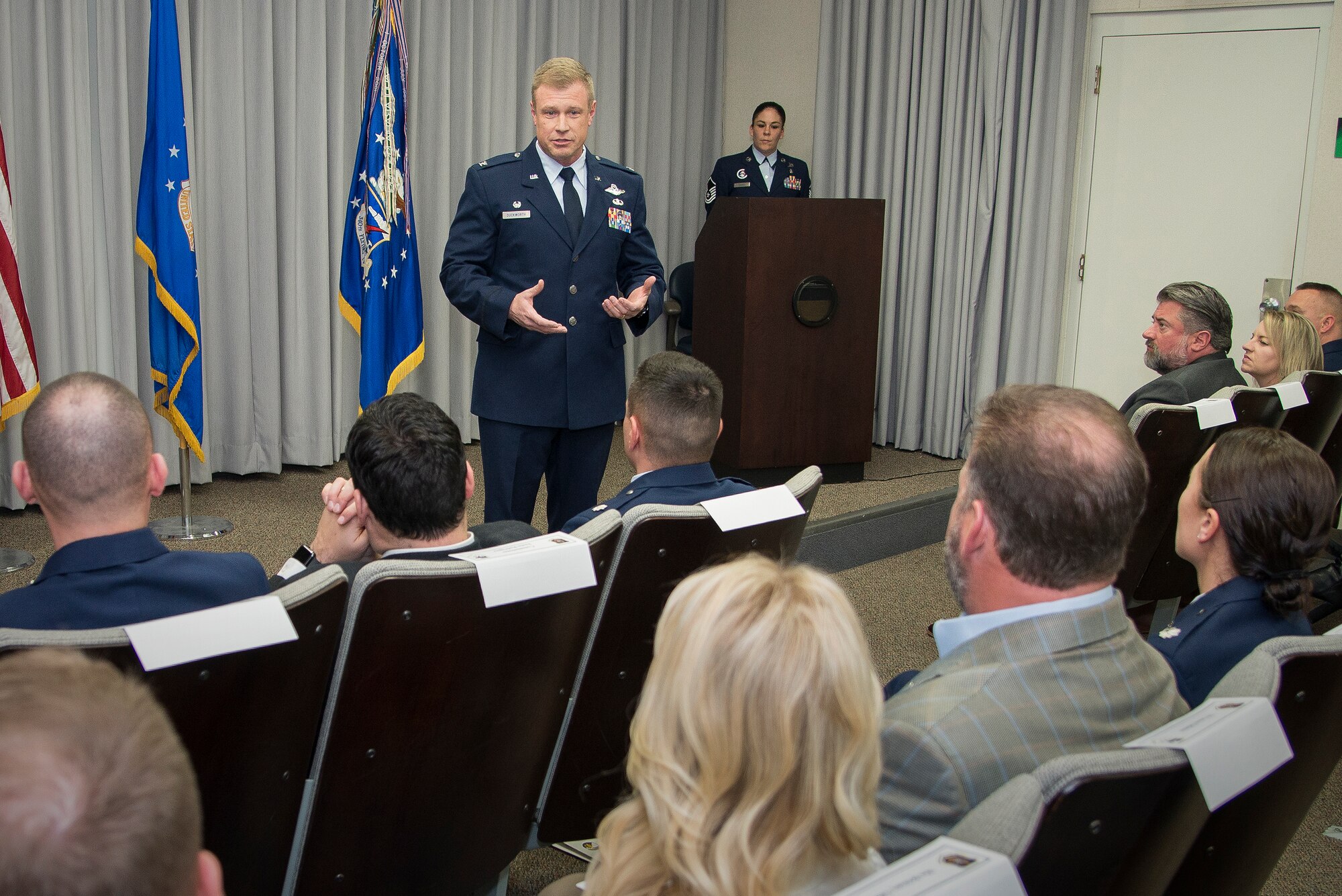 340th Flying Training Group Commander Col. Allen Duckworth welcomes distinguished visitors to the Feb. 1 honorary commander induction ceremony held at Joint Base San Antonio-Randolph,
Texas. (U.S. Air Force photo by Sean Worrell)