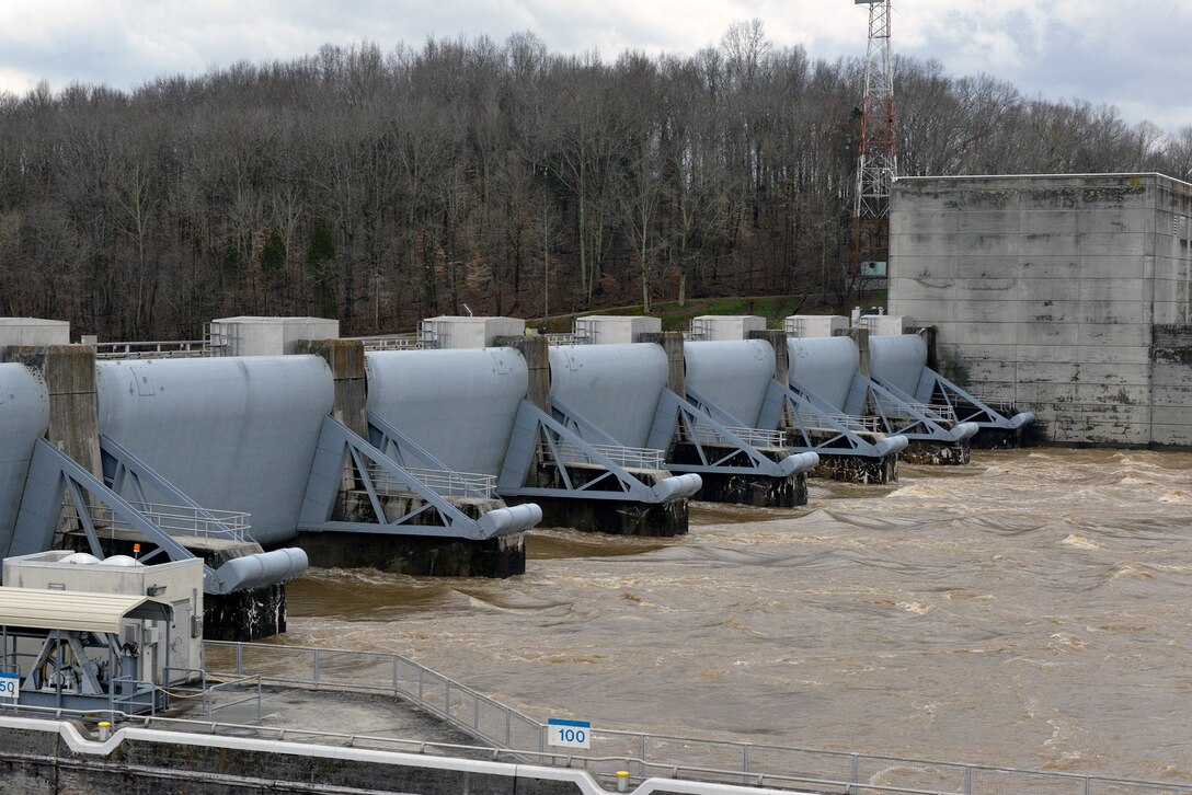 The U.S. Army Corps of Engineers Nashville District releases water at Cheatham Dam in Ashland City, Tenn. The district is managing releases as appropriate at its dams in the Cumberland River Basin. (USACE Photo by Mark Rankin)