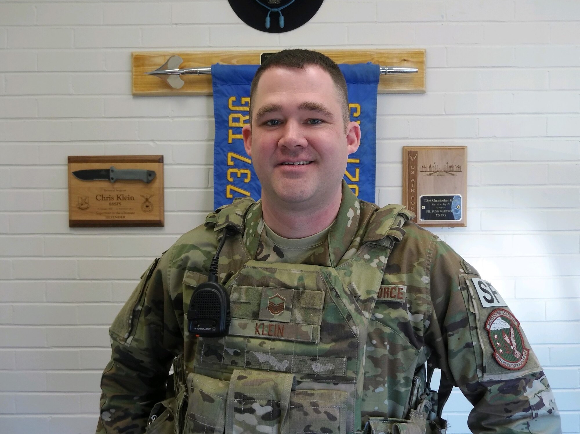 Master Sgt. Christopher Klein, 90th Security Forces Squadron, poses for a photo Dec. 18, 2019, on F.E. Warren AFB, Wyo. Air Force Global Strike Command awarded Klein the 2018 Outstanding Security Forces Flight Level Senior NCO Award for his efforts as the flight sergeant during a major command inspection, helping plan and execute active shooter response training with the U.S. Marshall Service and standing up a Profession of Arms Center of Excellence course within the 90th Security Forces Group while filling in as the acting first sergeant and earning his bachelor's degree in Psychology.