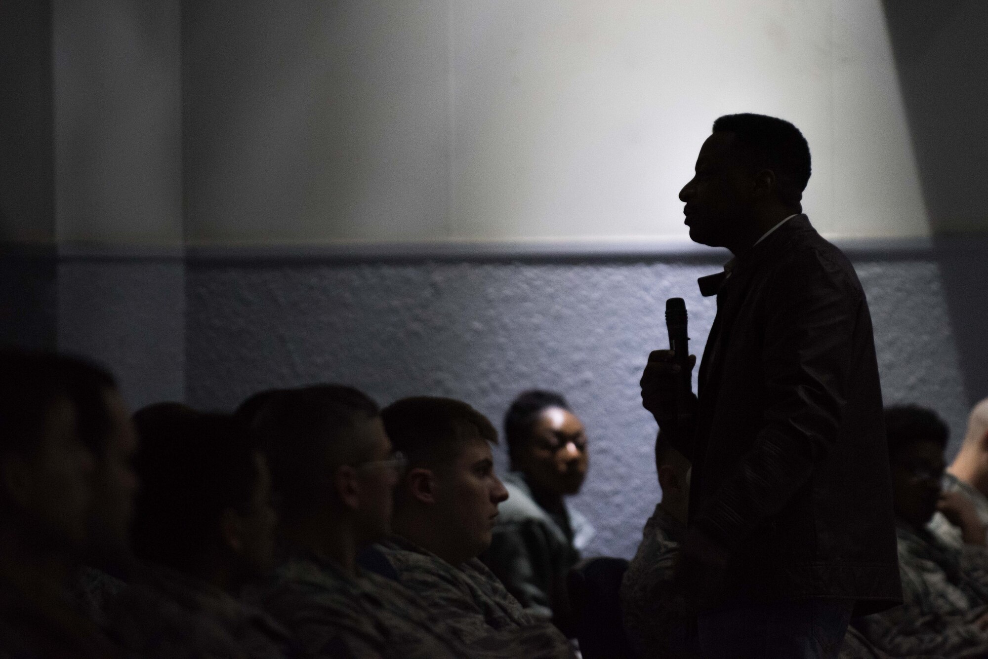 Retired Chief Master Sgt. Anthony Brinkley speaks to service members at Yokota Air Base, Japan February 8, 2019 in the base theater. Brinkley served 28 years in the Air Force, 12 as a first sergeant, before retiring and pursuing a life as a motivational speaker. (U.S. Air Force  photo by Staff Sgt. Kyle Johnson)