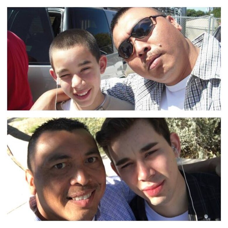 Jonathan Herrera and Anthony Castro pose for selfies in 2008 and 2016. Herrera and Castro are a father and son duo both in the Air Force, assigned to the same Air Force Specialty Code, same duty station at Davis-Monthan Air Force Base, Ariz., and now the same deployed location at Al Dhafra Air Base, United Arab Emirates. (Courtesy photo)