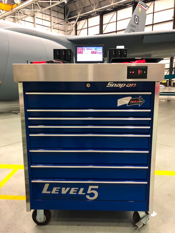A Snap-on “smart toolbox” is on display during a technology demonstration for the 100th Maintenance Squadron at RAF Mildenhall, England, Jan. 31, 2019. The 100th MXS hopes to acquire funds to purchase the smart box to improve their accountability and inventory processes, creating more time to work on aircrafts and get them back up in the air to accomplish the mission. (U.S. Air Force photo by Senior Airmen Kelly O’Connor)