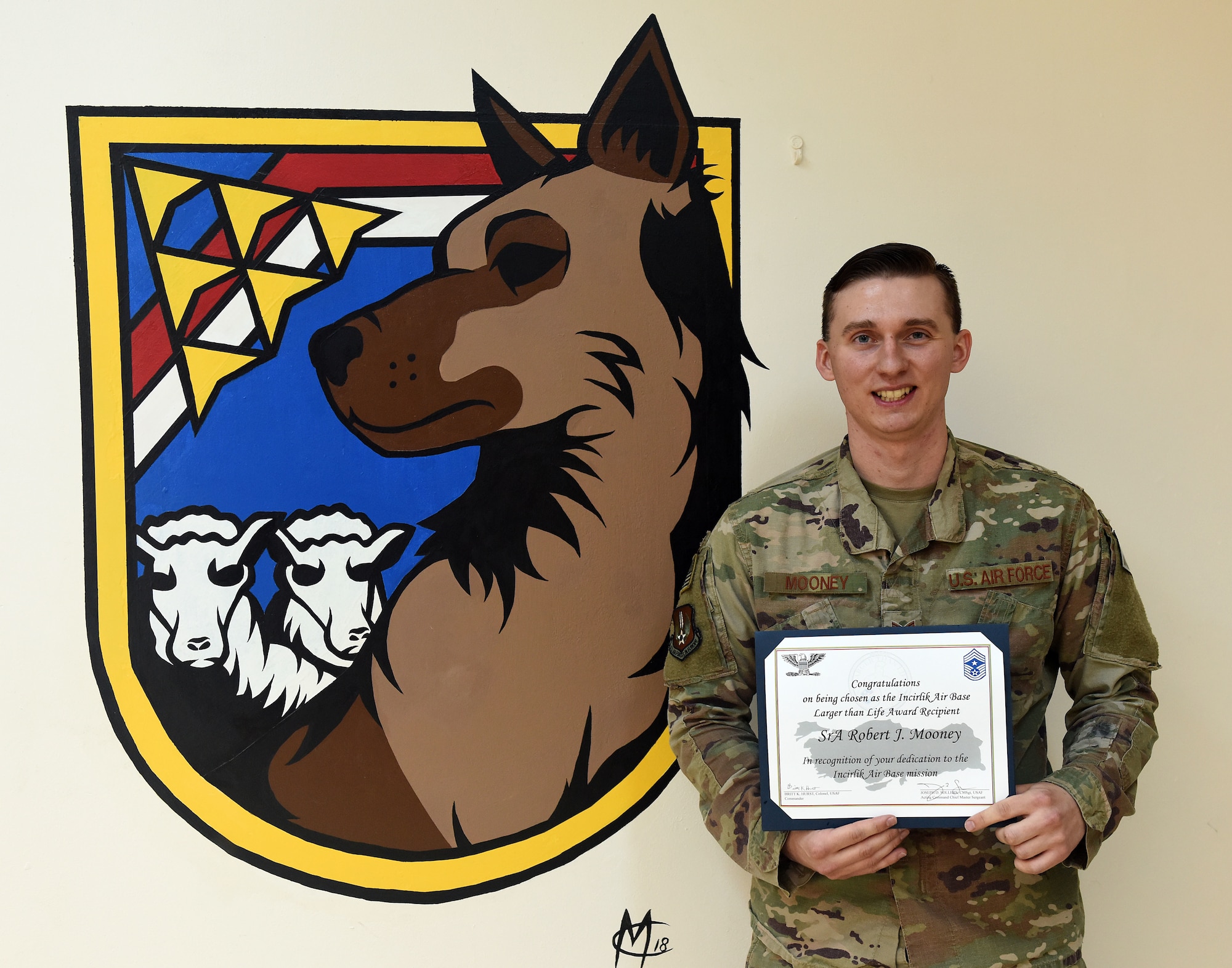 Congratulations to U.S. Air Force Senior Airman Robert Mooney, 39th Security Forces Squadron base defense operations center controller, for winning the Deployed Larger Than Life Award at Incirlik Air Base, Turkey, Feb. 8, 2019.