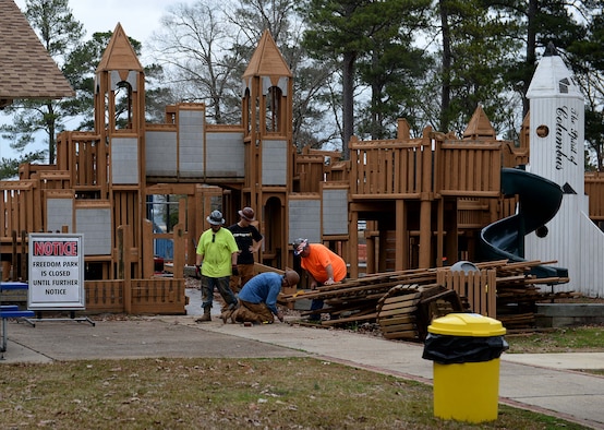 Construction workers begin demolition at Freedom Park Feb. 6. 2019, on Columbus Air Force Base, Mississippi. In September 2018, due to several safety concerns that surfaced, base leadership made the decision to close the playground, keeping in mind the safety of families and their children. (U.S. Air Force photo by Airman Hannah Bean)