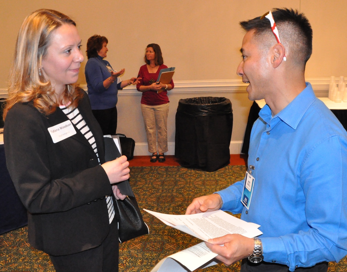 IMAGE: FREDERICKSBURG, Va. (Feb. 5, 2019) - A Naval Surface Warfare Center Dahlgren Division (NSWCDD) representative discusses career opportunities with a candidate at the NSWCDD Career Fair. The command made 36 on-the-spot job offers at the event held in the Fredericksburg Expo and Conference Center. "This is the first year that we opened the event up to non-science and engineering positions and we had an overwhelming response for our contract, financial, and information technology positions," said Shelby Khan, the NSWCDD Human Resources Recruiting Program lead. "We anticipate additional interviews and offers resulting from the career fair in the weeks to come."