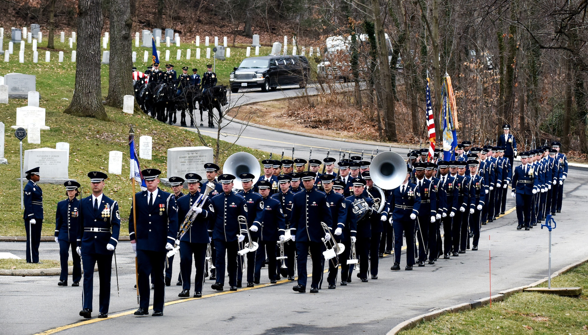 A caisson delivers the remains of retired U.S. Air Force Maj. Gen. Marcelite Harris during her full honors funeral at Arlington National Cemetery, Arlington, Va., Feb. 7, 2019. In 1991, Harris became the first African-American women to earn the rank of brigadier general in the U.S. Air Force. (U.S. Air Force photo by Staff Sgt. Rusty Frank)