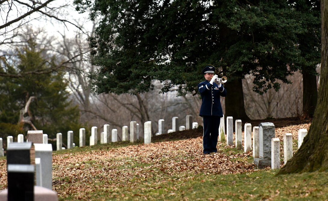 The U.S. Air Force Honor Guard performs full military honors during the funeral of retired U.S. Air Force Maj. Gen. Marcelite Harris at Arlington National Cemetery, Arlington, Va., Feb. 7, 2019. In 1991, Harris became the first African-American women to earn the rank of brigadier general in the U.S. Air Force. (U.S. Air Force photo by Staff Sgt. Rusty Frank)