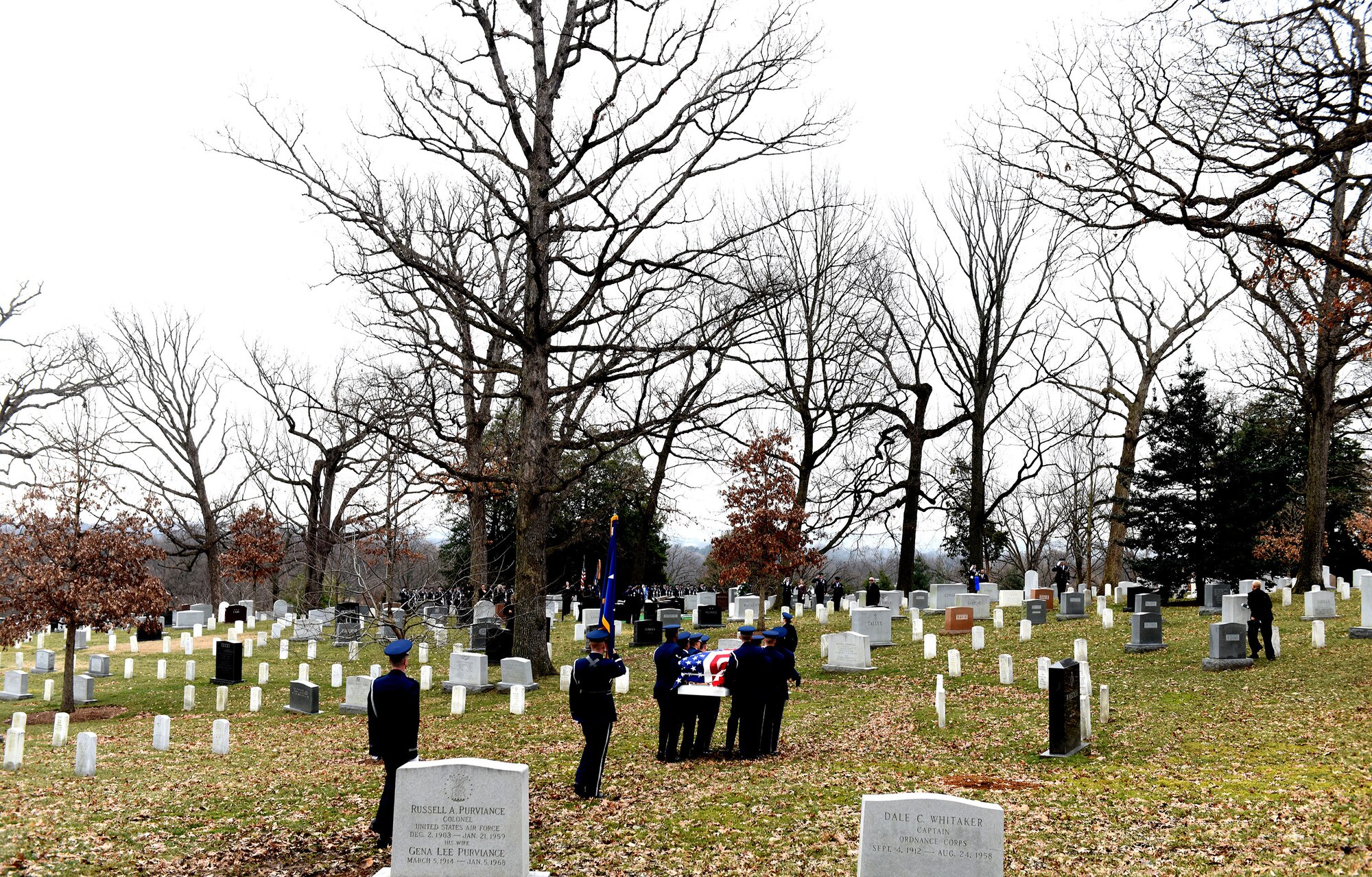 Friends and family of retired U.S. Air Force Maj. Gen. Marcelite Harris attend her full honors military funeral at Arlington National Cemetery, Arlington, Va., Feb. 7, 2019. Harris’s accomplishments include being the first woman aircraft maintenance officer, one of the first two women air officers commanding at the U.S. Air Force Academy and the first woman deputy commander for maintenance. She also served as a White House social aide during the Carter administration. (U.S. Air Force photo by Staff Sgt. Rusty Frank)