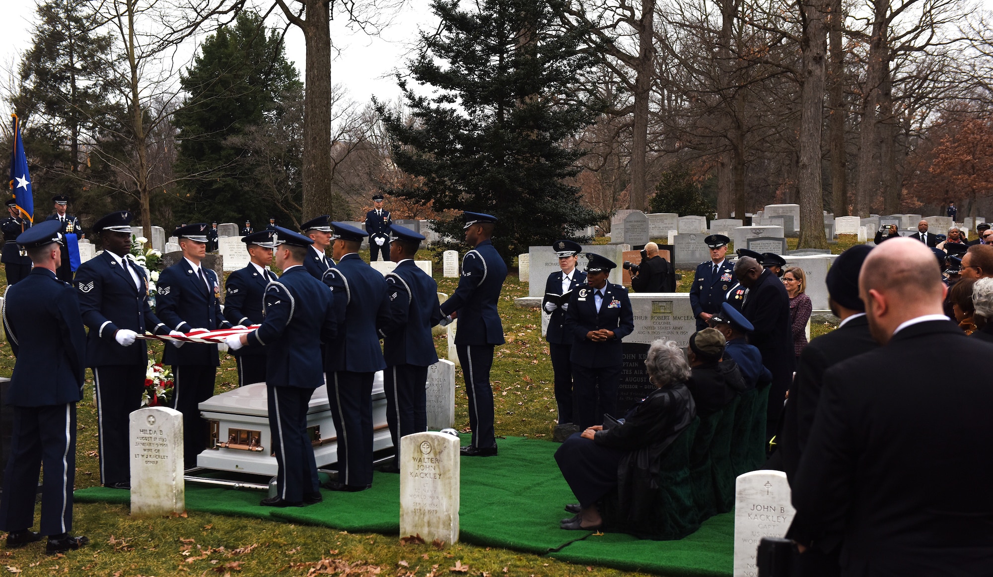 Friends and family of retired U.S. Air Force Maj. Gen. Marcelite Harris attend her full honors military funeral at Arlington National Cemetery, Arlington, Va., Feb. 7, 2019. Harris’s accomplishments include being the first woman aircraft maintenance officer, one of the first two women air officers commanding at the U.S. Air Force Academy and the first woman deputy commander for maintenance. She also served as a White House social aide during the Carter administration. (U.S. Air Force photo by Staff Sgt. Rusty Frank)