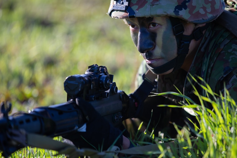 Soldiers from the 1st Amphibious Rapid Deployment Brigade, Japan Ground Self-Defense Force (JGSDF) conduct individual and small-unit maneuver exercises during Iron Fist at Marine Corps Base Camp Pendleton, California, February 6, 2019.