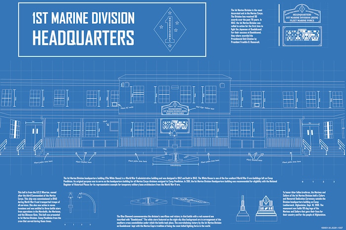 The graphic, designed using Adobe Illustrator, depicts the 1st Marine Division Headquarters Building on Marine Corps Base Camp Pendleton, Calif., June 1, 2018.