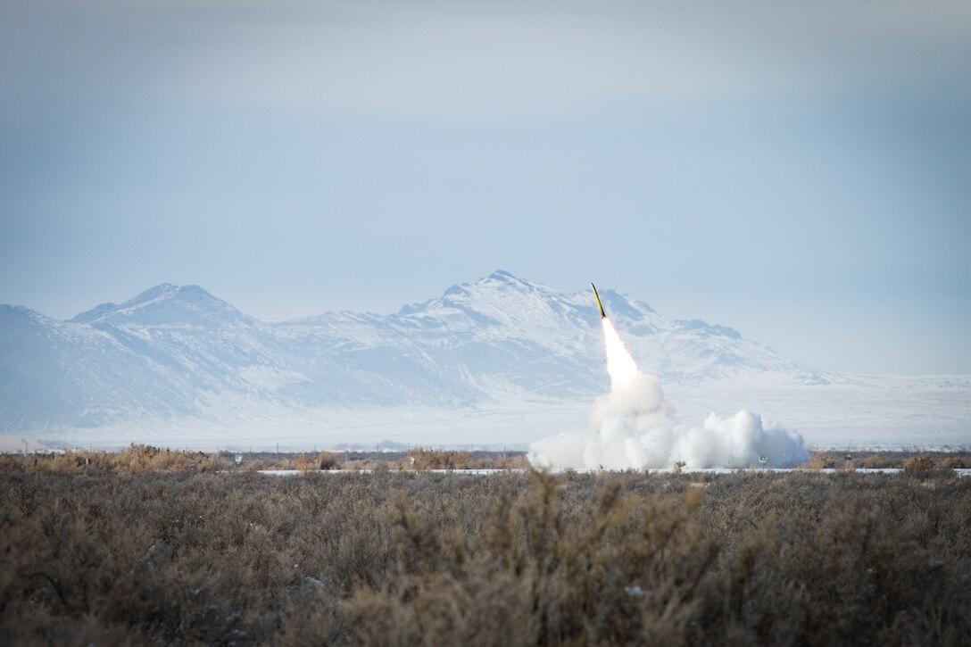 A U.S. Marine Corps M142 High-mobility artillery rocket system fires a M270 rocket during exercise Steel Knight (SK) 19 at Army Facility Dugway Proving Ground, Utah, Dec. 7, 2018.
