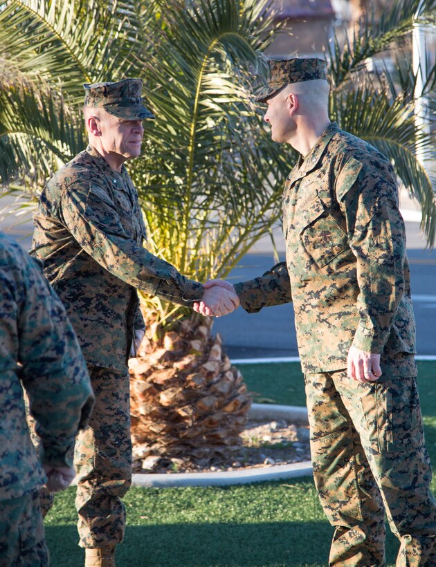 Brigadier General Jospeh Shrader, Commanding General, Marine Corps Logistics Command, is greeted by Colonel Craig Clemans, Commander, Marine Corps Logistics Base Barstow, prior to the general's scheduled Town Hall meeting with Production Plant Barstow personnel, Feb. 6.
