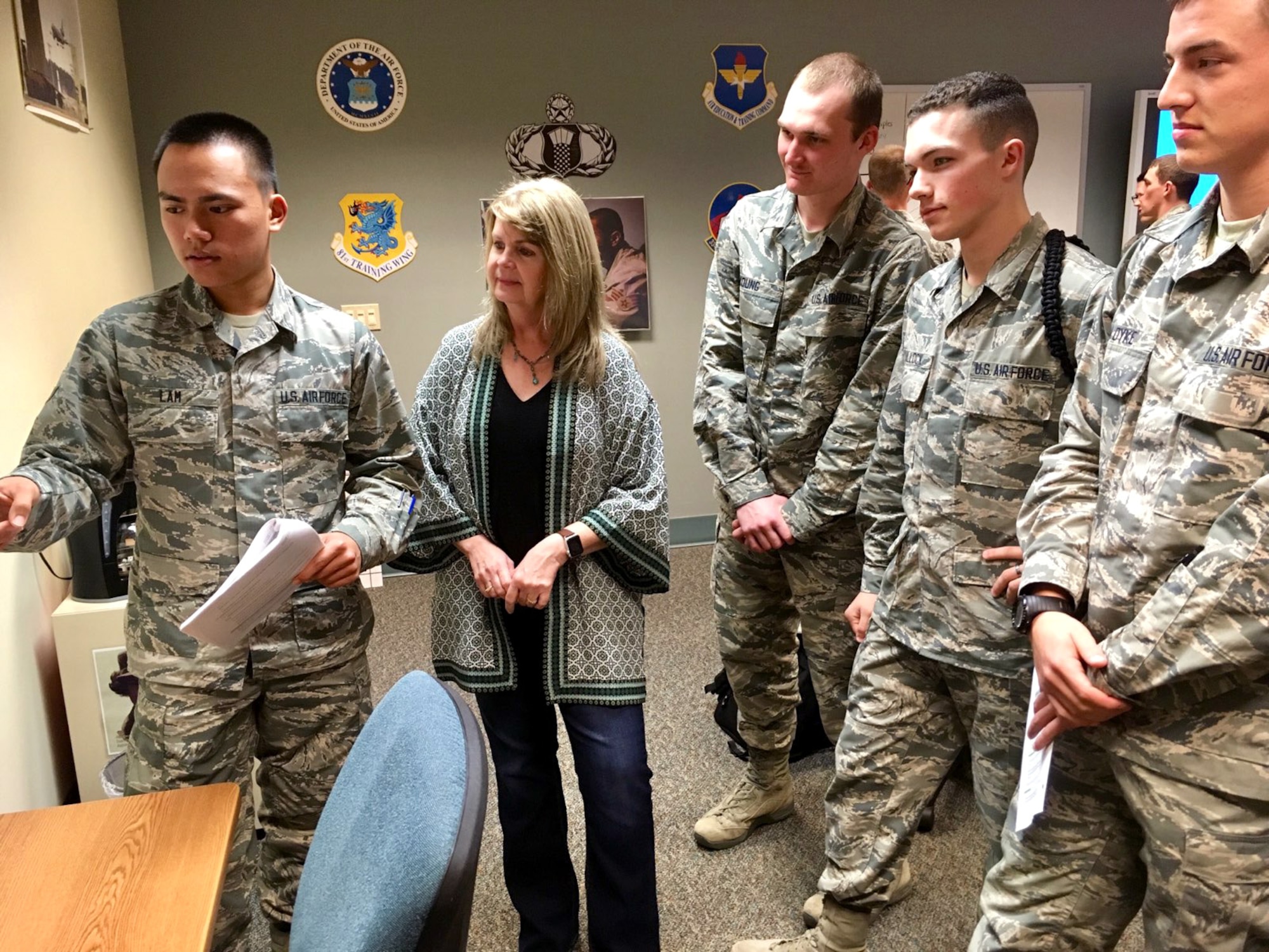 Katherine Chowdhary, 334th Training Squadron instructor, observes presentations given by 334th TRS air traffic control students at Keesler Air Force Base, Mississippi Jan. 24, 2019. Chowdhary’s class is the first to incorporate an Active Learning Environment in the ATC course and throughout the course she ensures her students are given the opportunity to understand the course material fully. The 81st Training Group encourages all instructors to implement innovative techniques to better develop Mach-21 Airmen. (U.S. Air Force photo by Airman 1st Class Kimberly L. Mueller)
